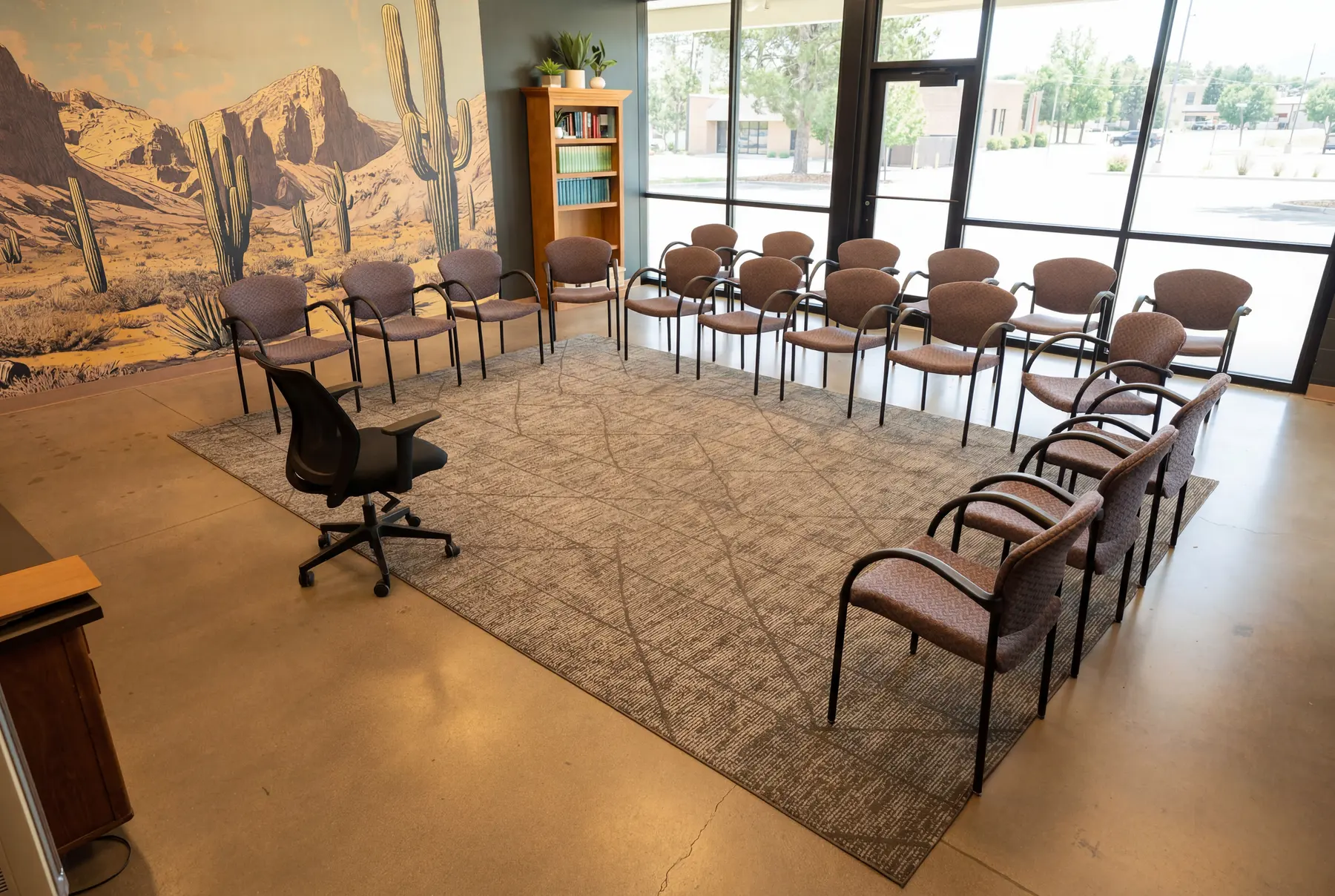The group therapy room at Holdfast Recovery, chairs set in a circle